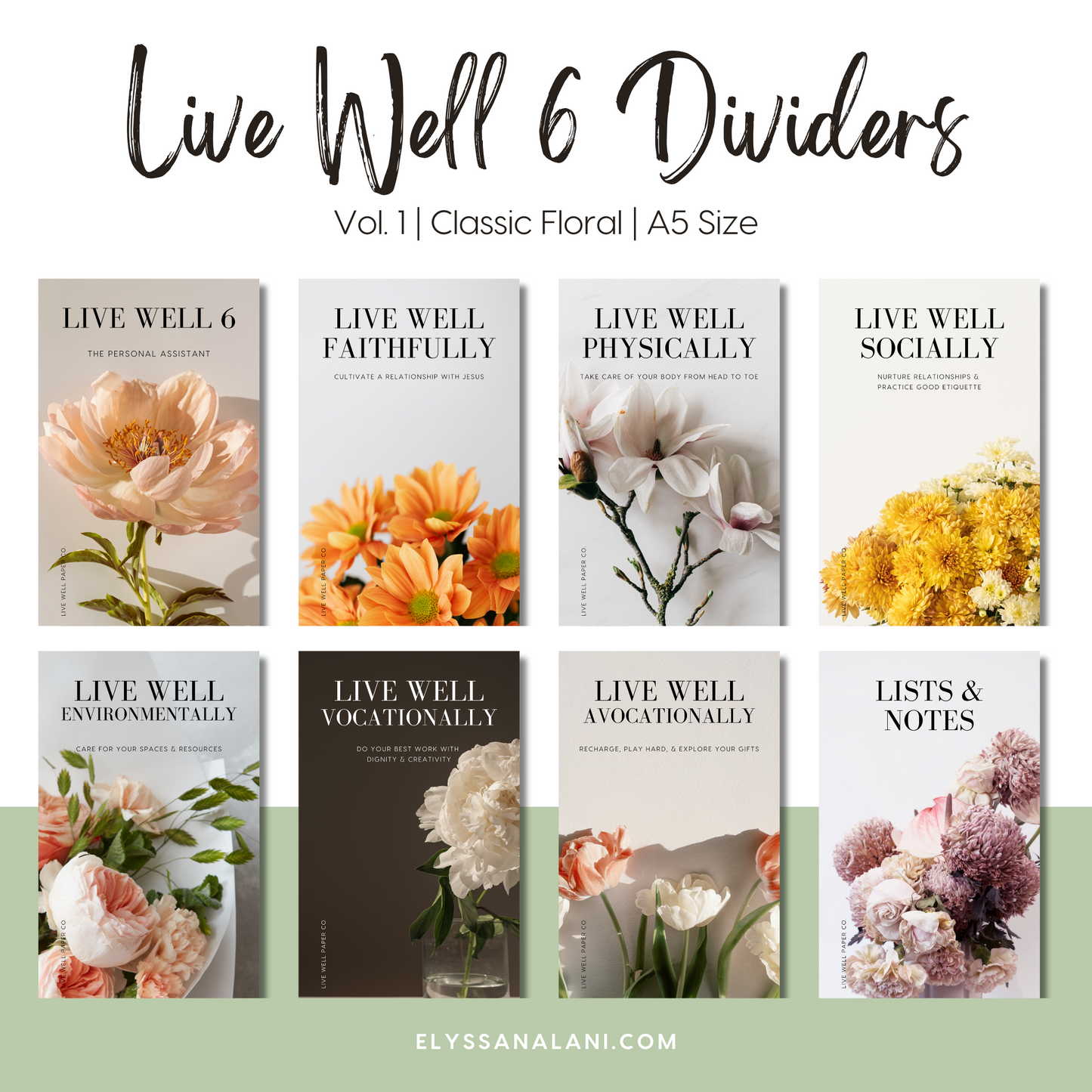 Live Well 6 Printable A5 Dividers/Dashboards | Vol. 1 | Classic Floral