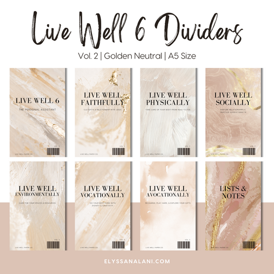 Live Well 6 Printable A5 Dividers/Dashboards | Vol. 2 | Golden Neutral