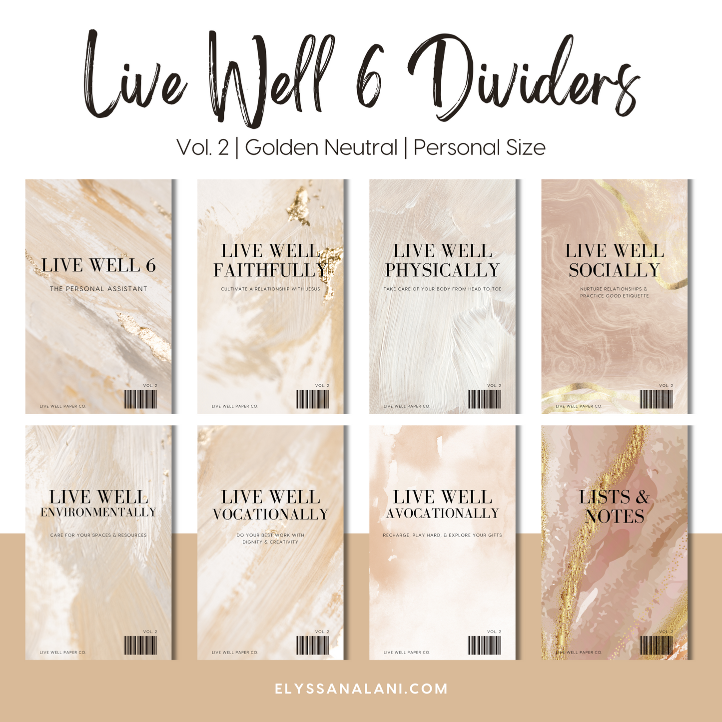 Live Well 6 Printable Personal Dividers/Dashboards | Vol. 2 | Golden Neutral